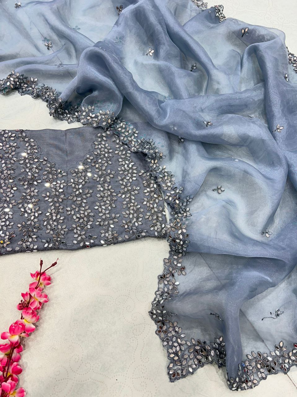 Gray Saree In Organza Silk With Cording Embroidery Work