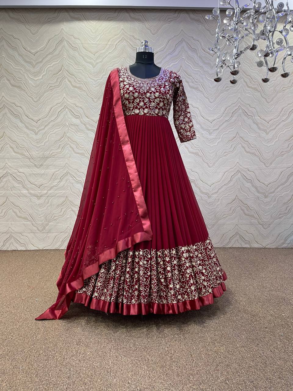 Maroon Anarkali Suit In Fox Georgette With Embroidery Work