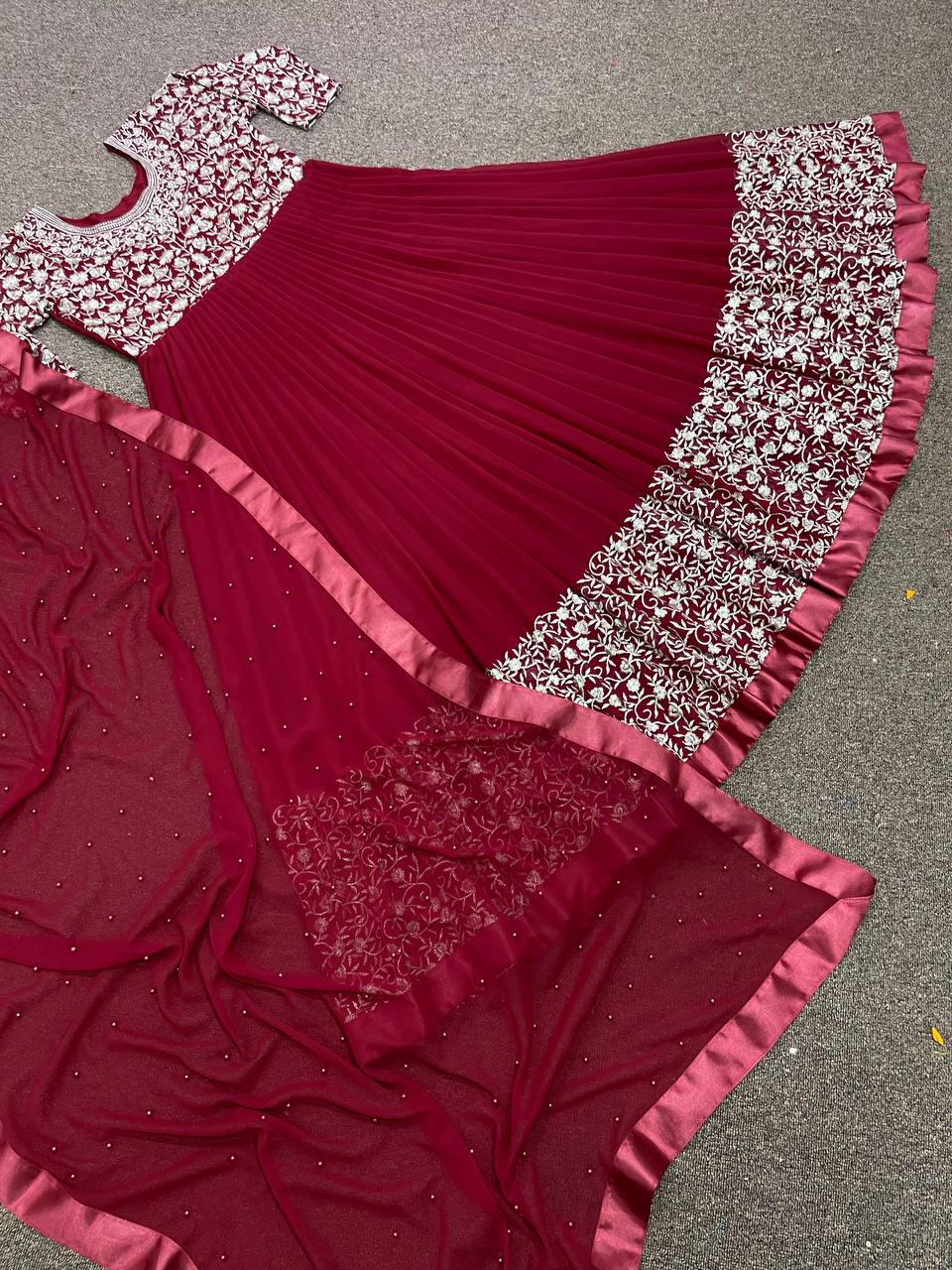 Maroon Anarkali Suit In Fox Georgette With Embroidery Work