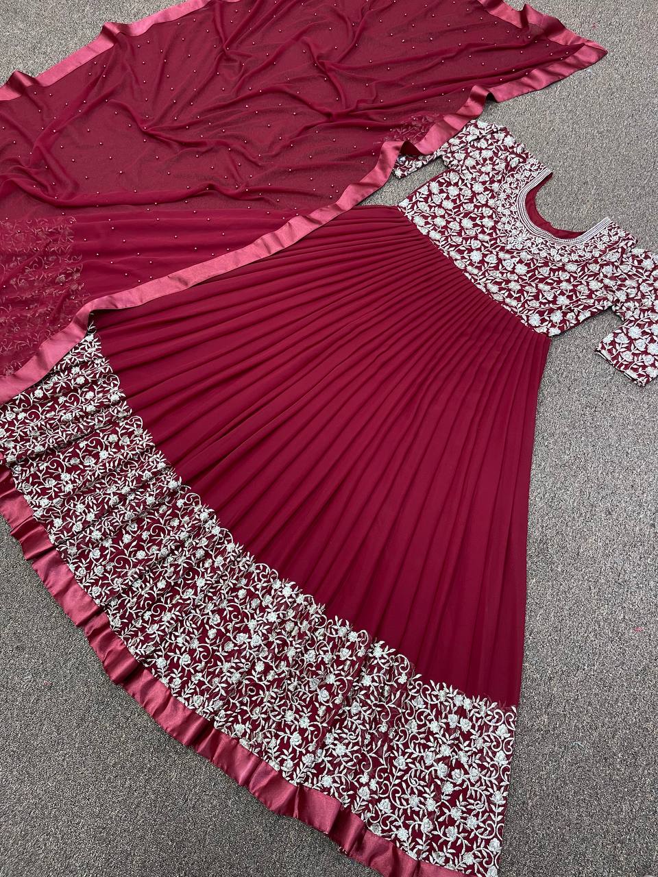 Maroon Anarkali Suit In Fox Georgette With Embroidery Work