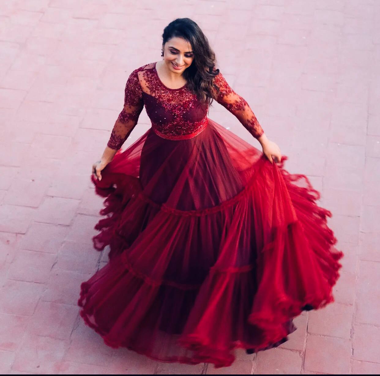 Red Anarkali Suit In Butterfly Mono Net With 5 MM Sequence Work