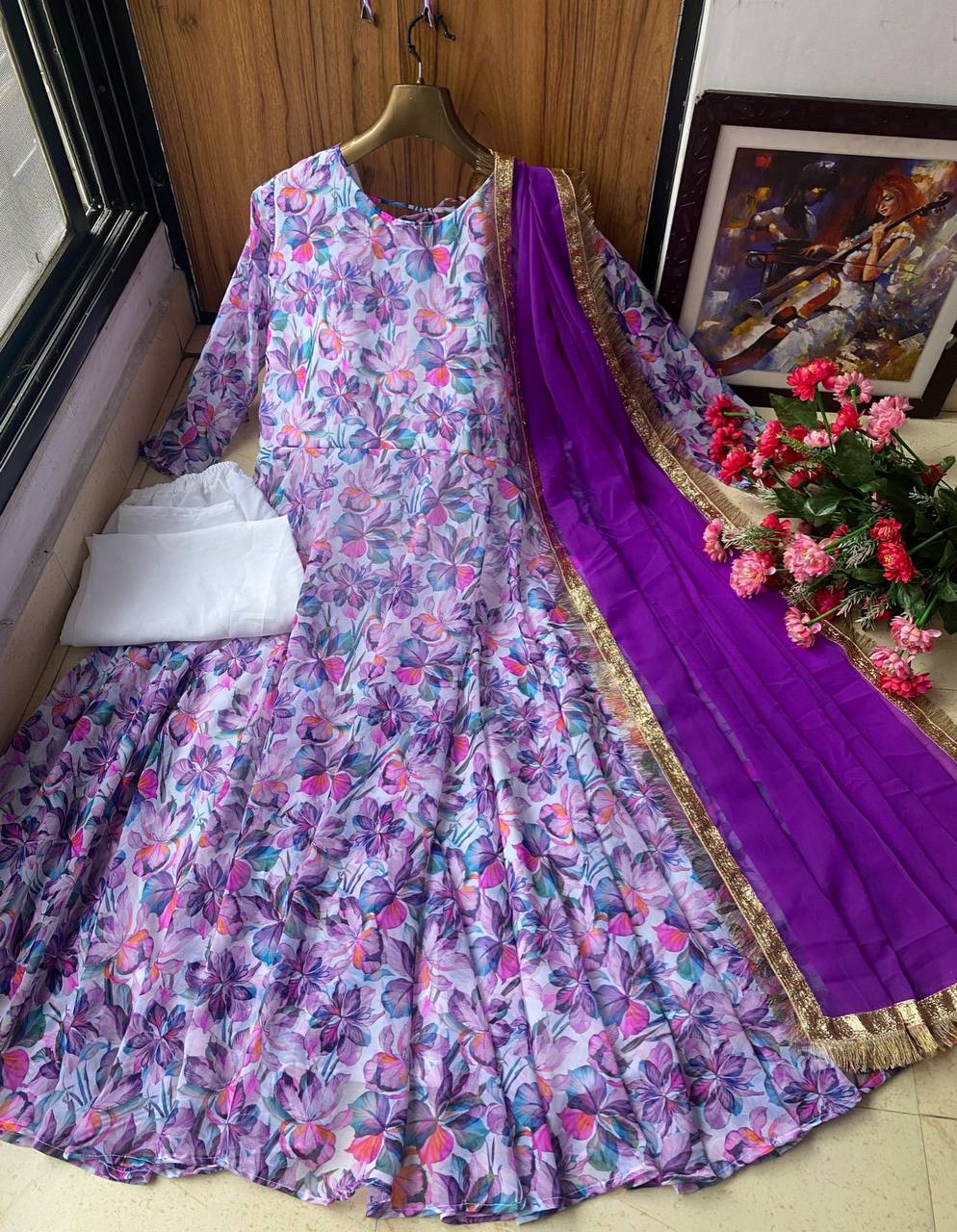 Purple Anarkali Suit In Georgette Silk With Digital Print