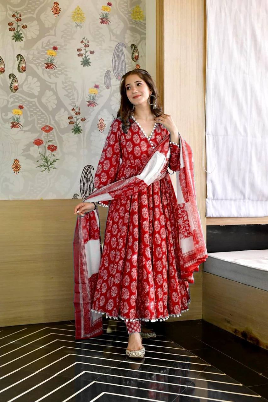 Red Anarkali Suit In Butter Silk With Digital Print