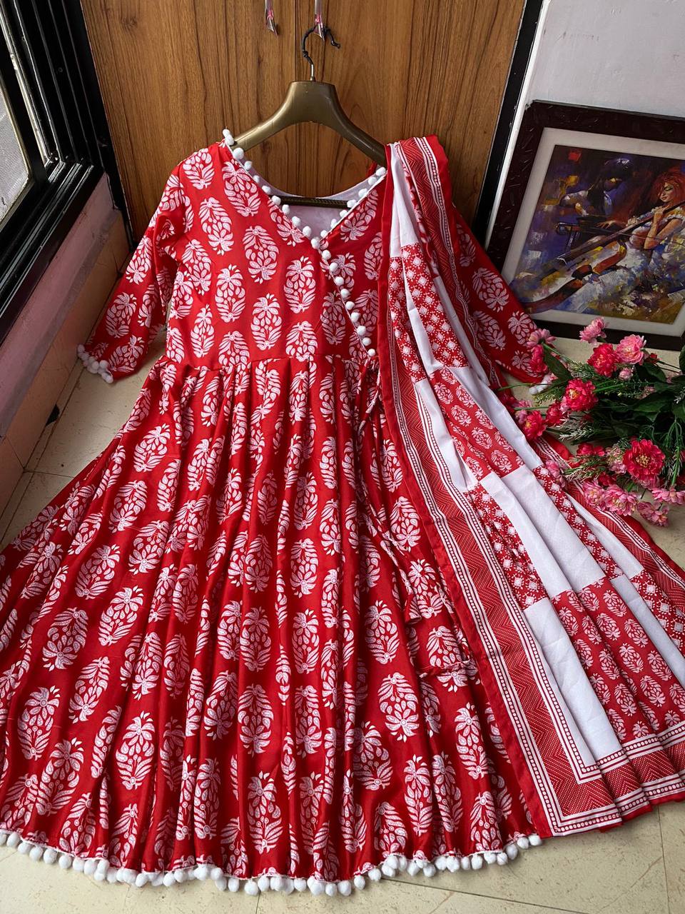 Red Anarkali Suit In Butter Silk With Digital Print