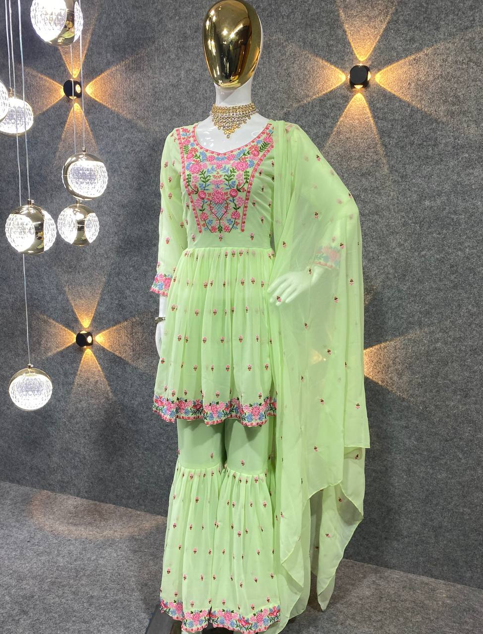 Pista Green Sharara Suit In Fox Georgette With Embroidery Work