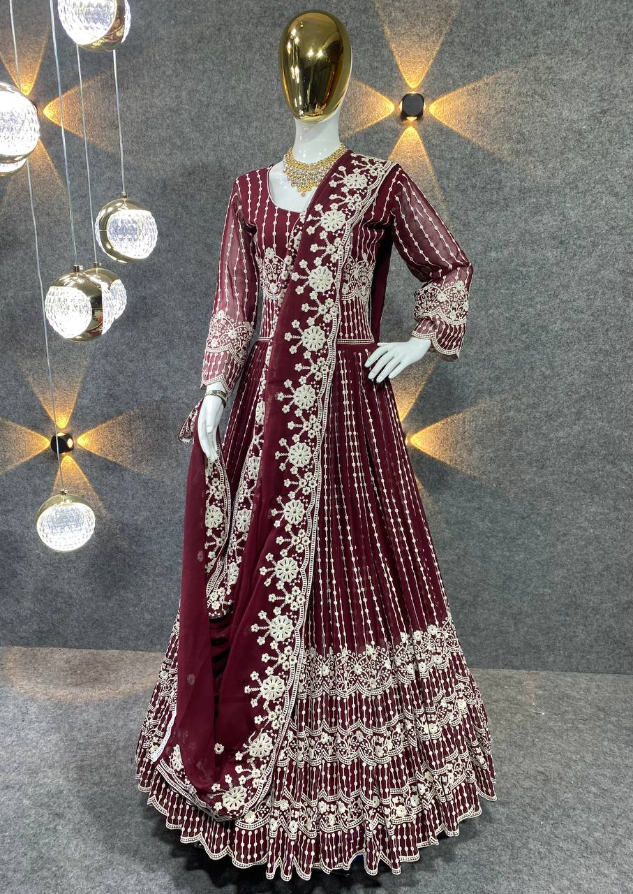 Maroon Gown In Fox Georgette With Embroidery Work