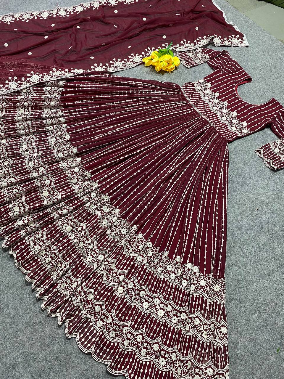 Maroon Gown In Fox Georgette With Embroidery Work