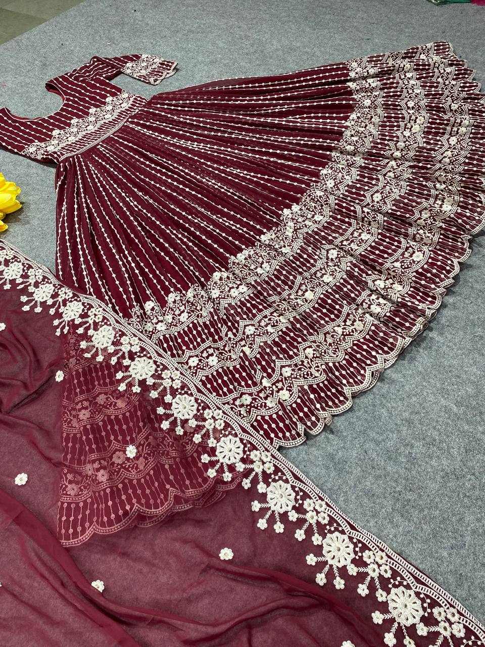 Maroon Gown In Fox Georgette With Embroidery Work