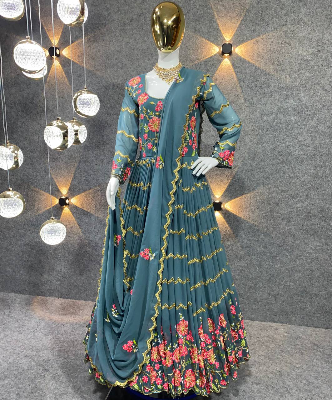 Gray Anarkali Suit In Fox Georgette With 5 MM Sequence Work