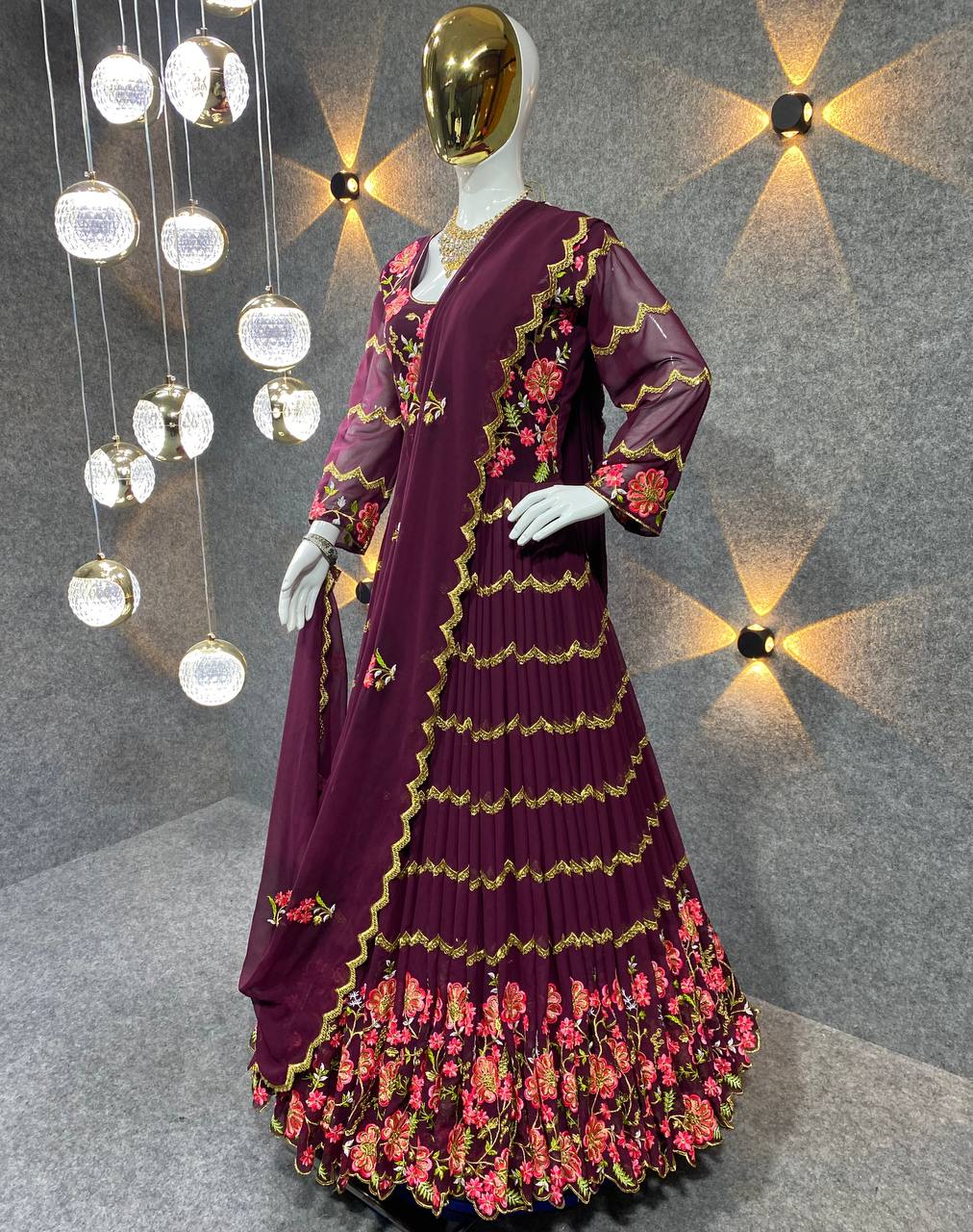 Wine Anarkali Suit In Fox Georgette With 5 MM Sequence Work