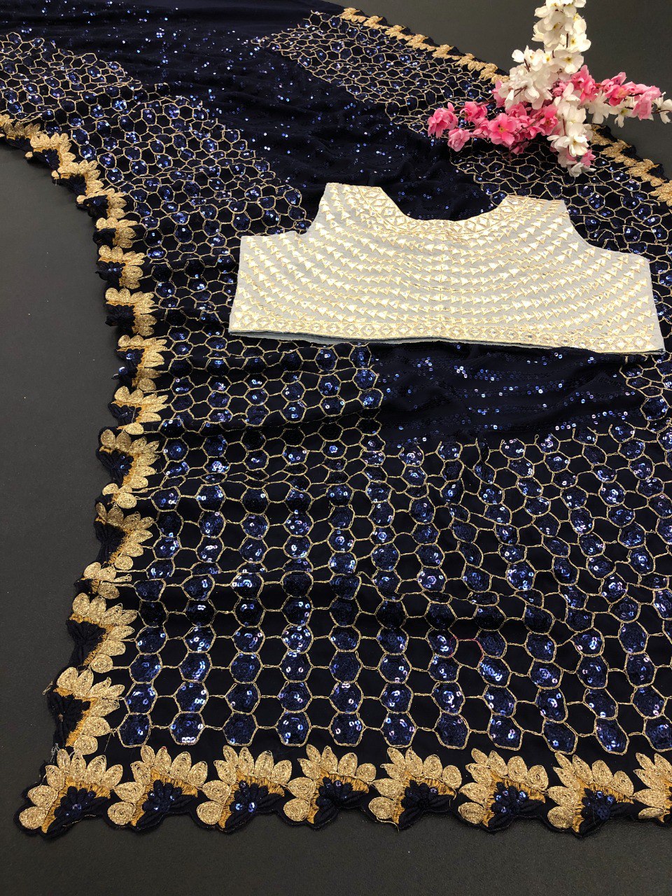 Navy Blue Saree In Georgette Silk With Embroidery Work