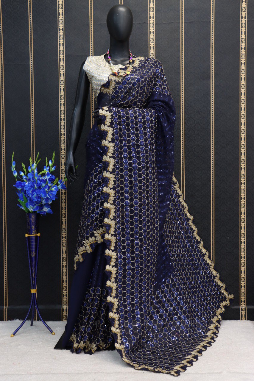 Navy Blue Saree In Georgette Silk With Embroidery Work