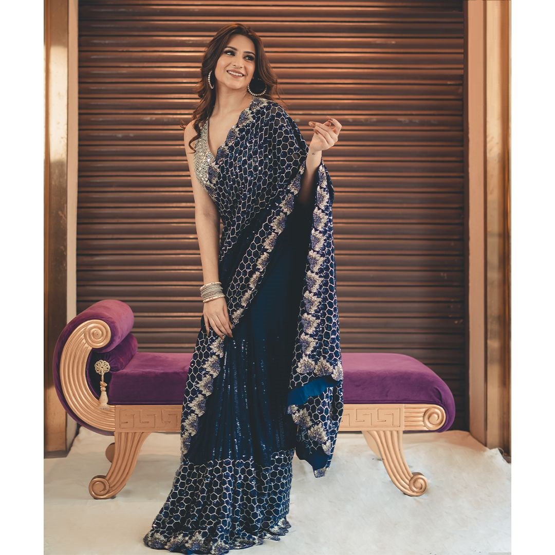 Navy Blue Saree In Georgette Silk With Embroidery Work