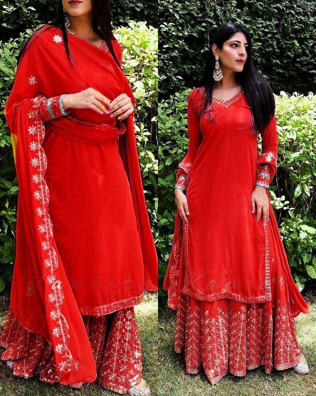 Red Palazzo Suit In Georgette Silk With Embroidery Work