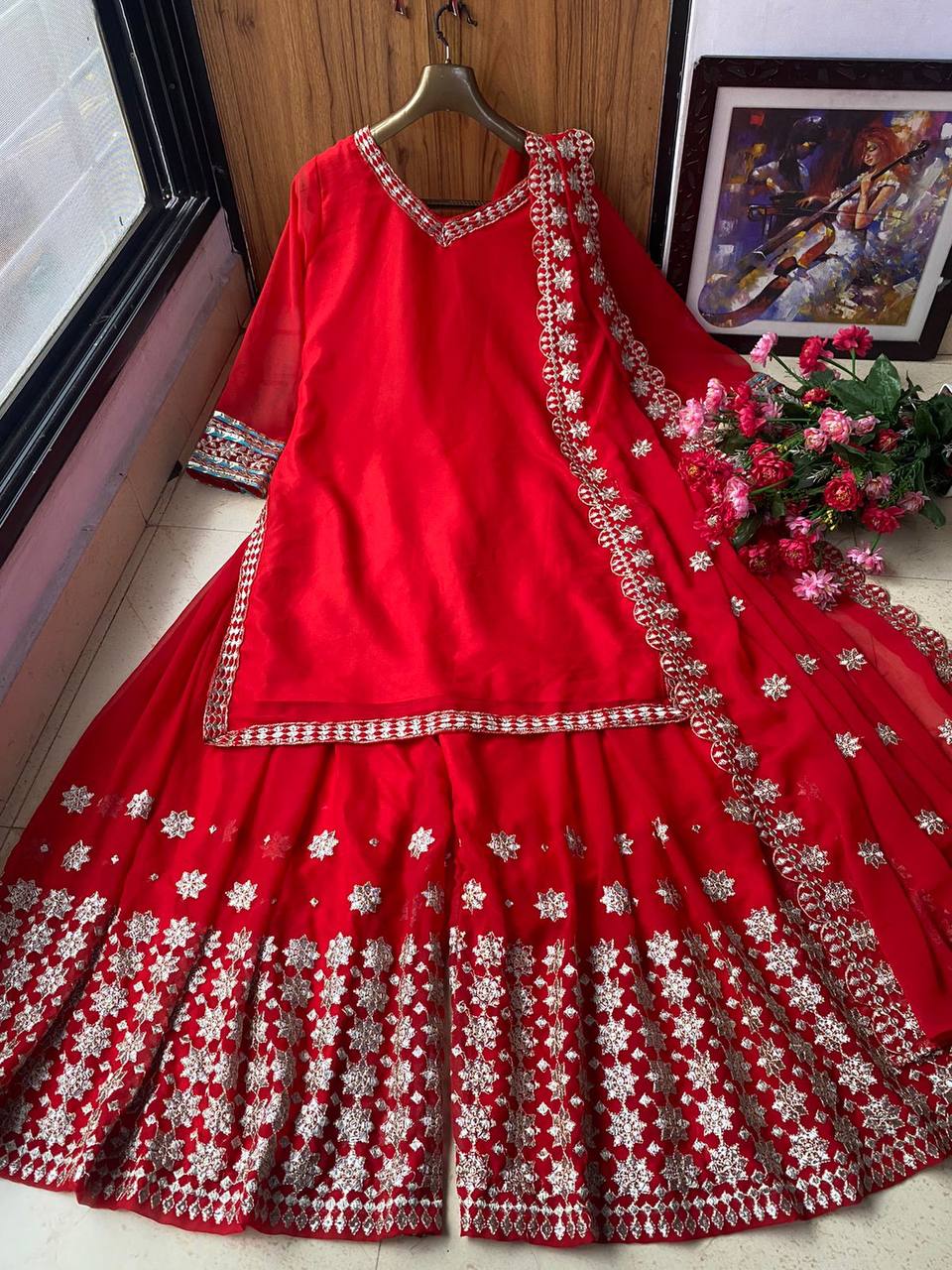 Red Palazzo Suit In Georgette Silk With Embroidery Work