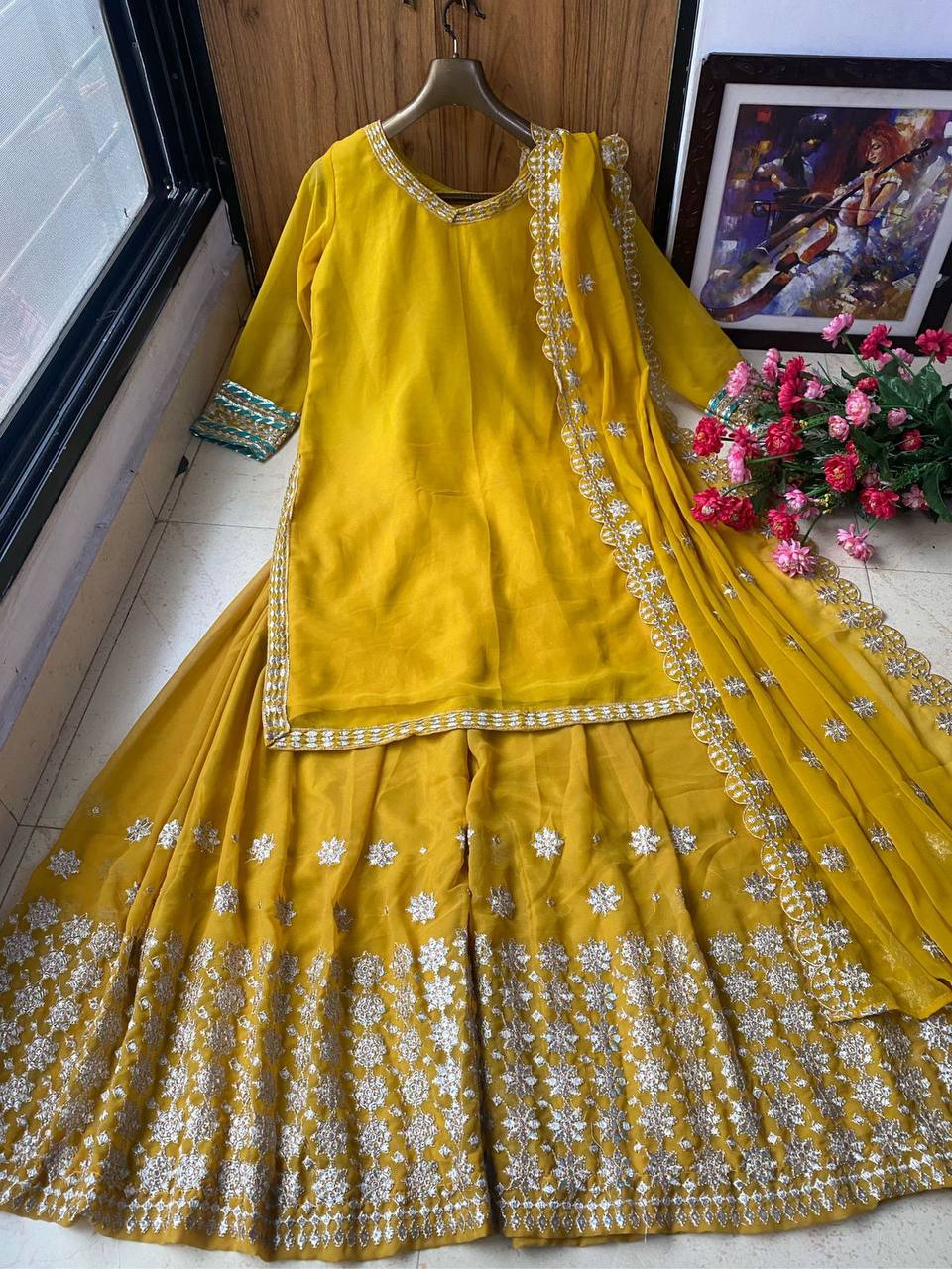 Yellow Palazzo Suit In Georgette Silk With Embroidery Work