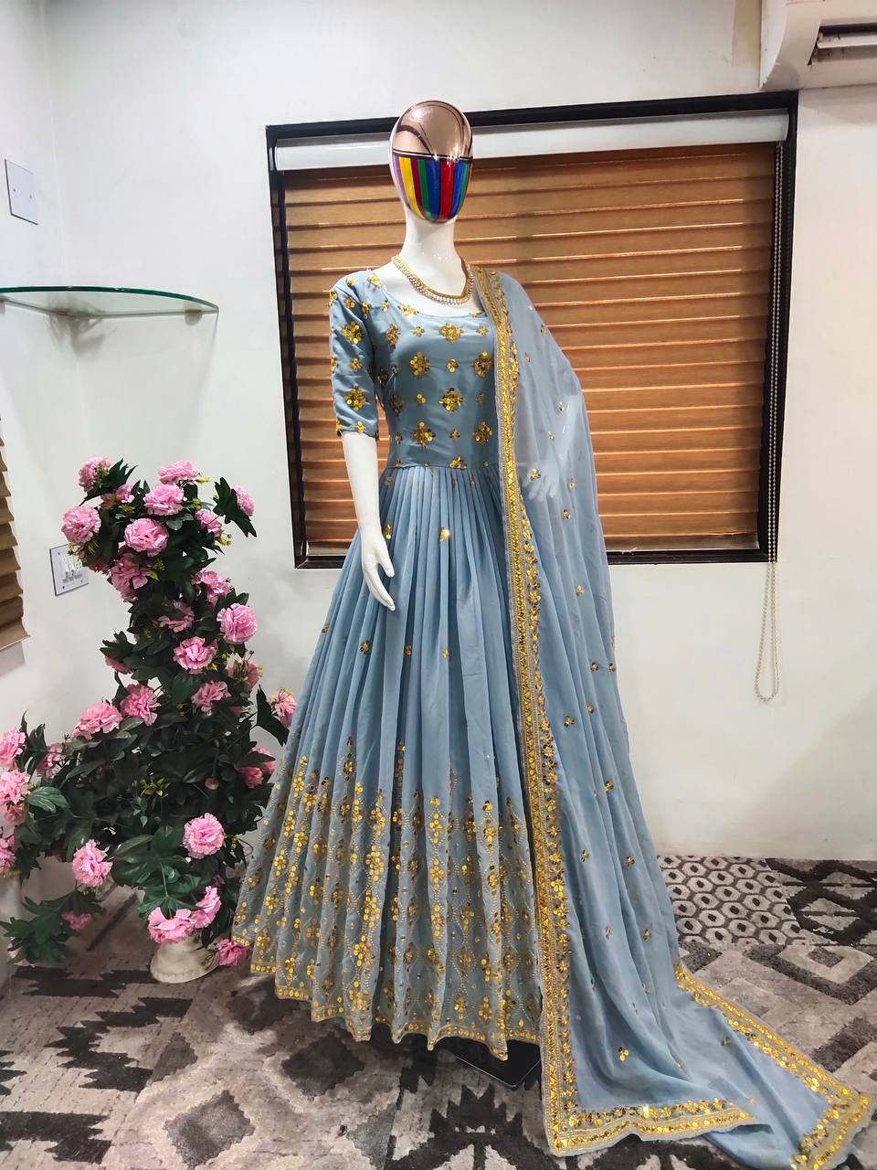 Sky Blue Anarkali Suit In Fox Georgette With 9 MM Sequence Work