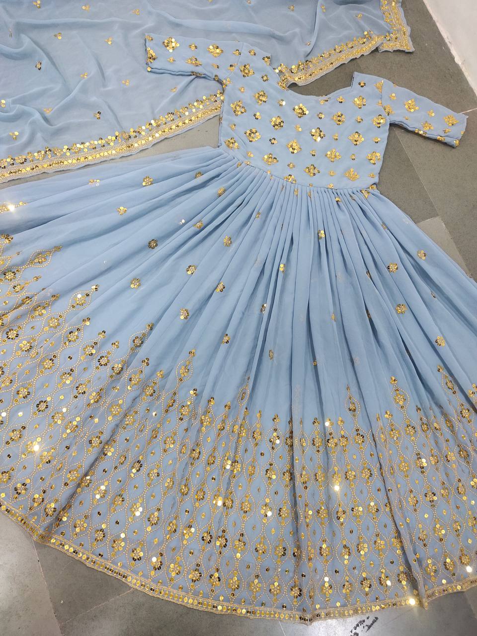 Sky Blue Anarkali Suit In Fox Georgette With 9 MM Sequence Work