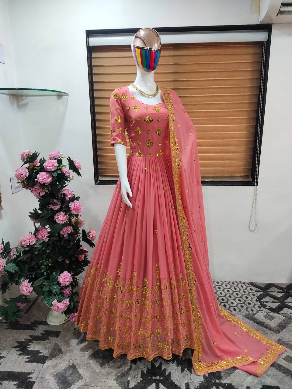 Pink Anarkali Suit In Fox Georgette With 9 MM Sequence Work