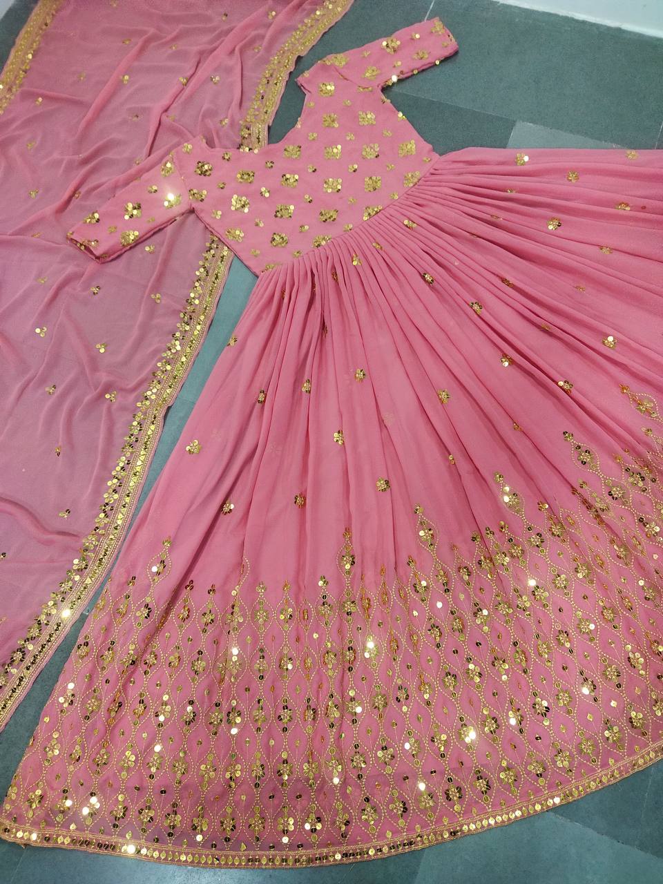 Pink Anarkali Suit In Fox Georgette With 9 MM Sequence Work