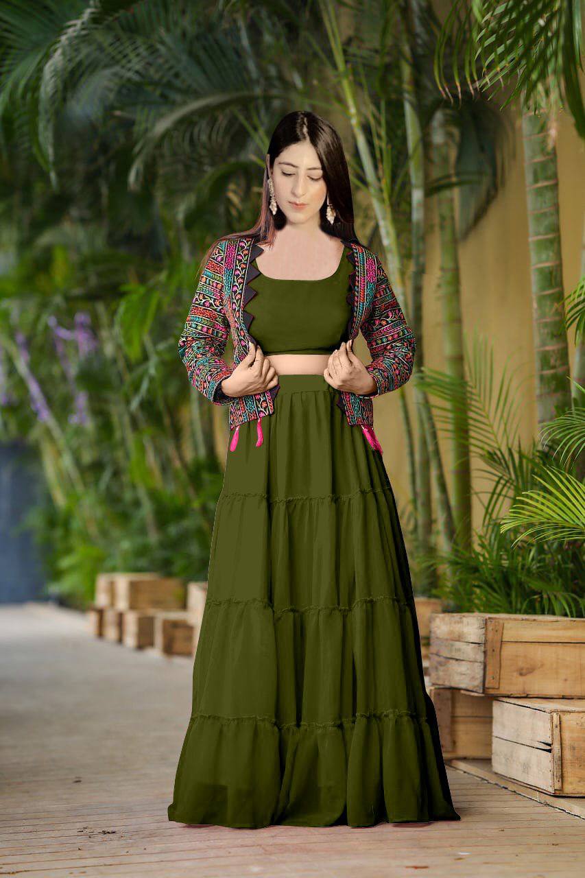 Mehendi Green Lehenga Choli In Fox Georgette With Ruffles