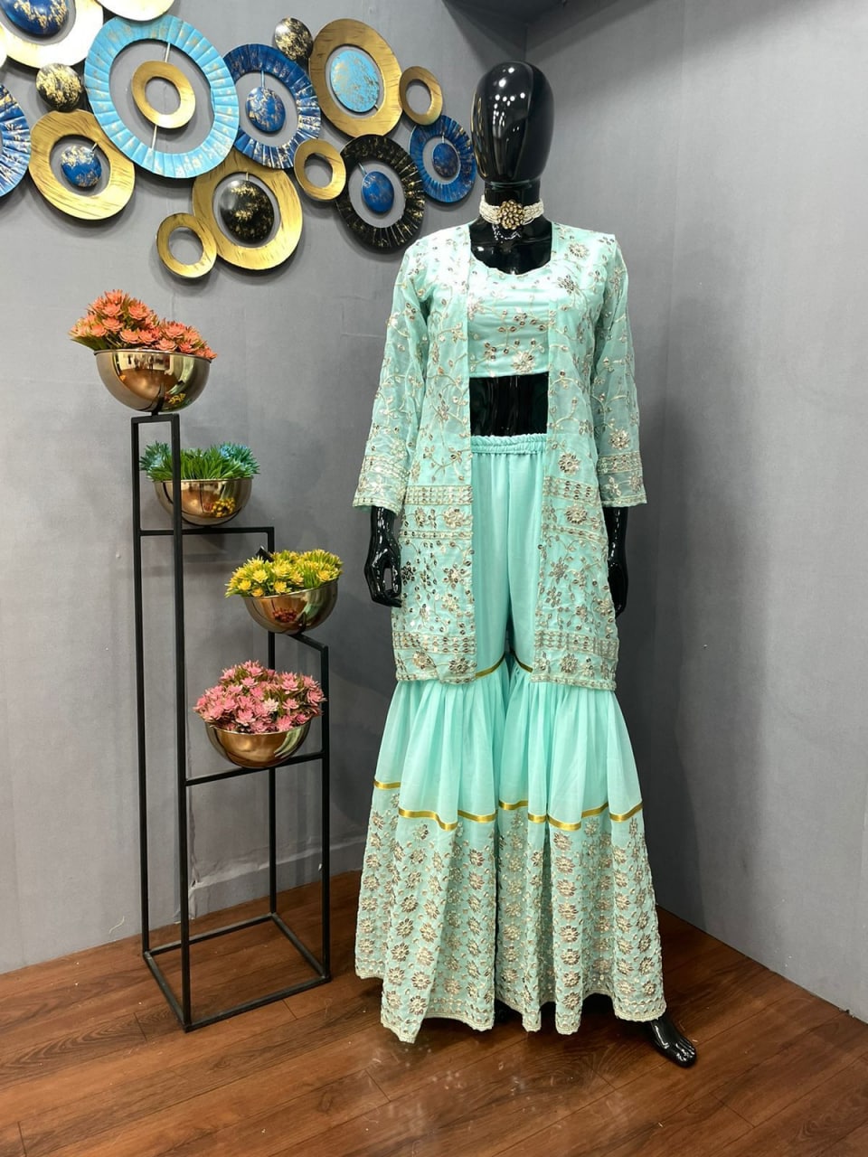 Aqua Sharara Suit In Georgette Silk With Embroidery Work