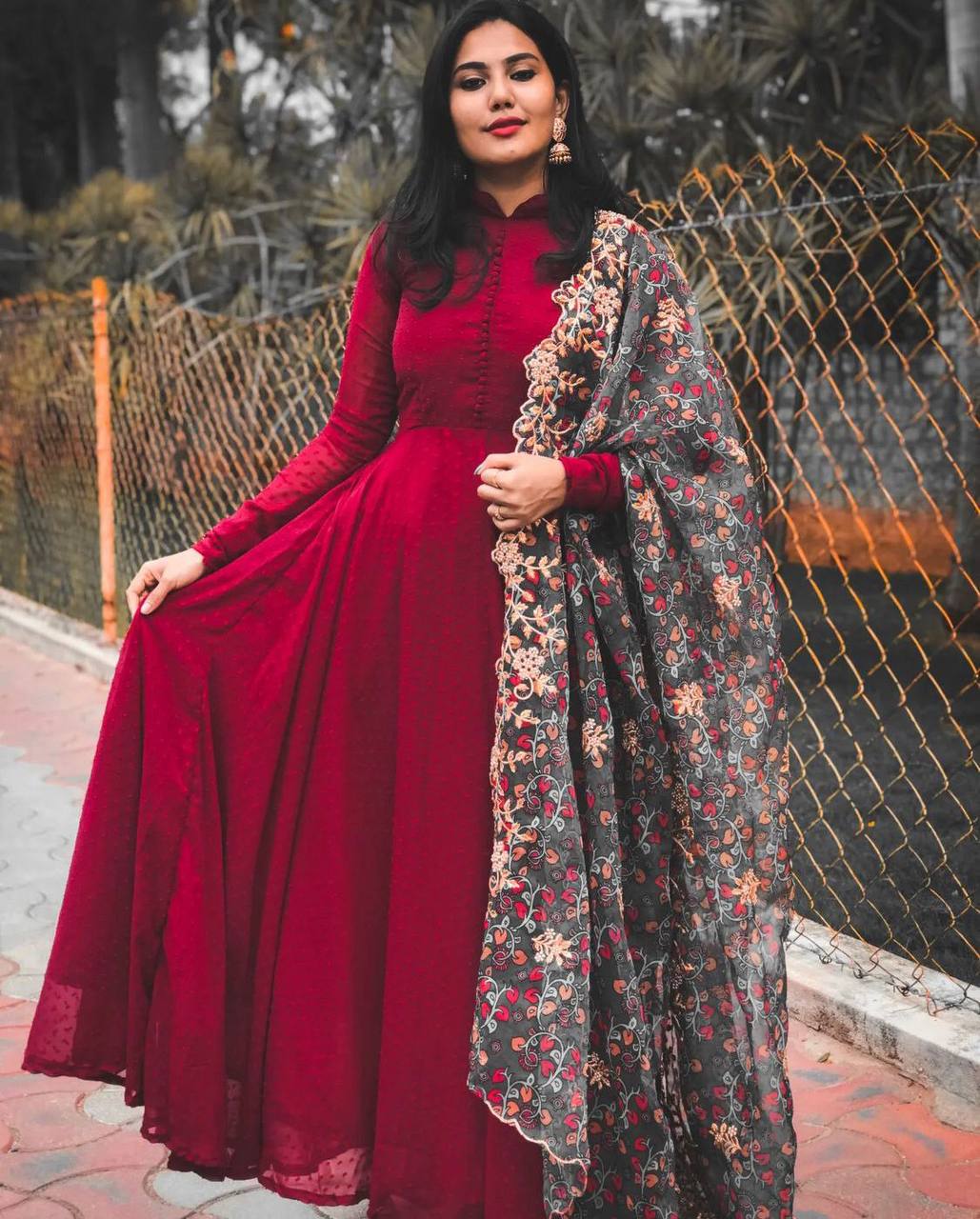 Maroon Rayon Cotton Plain Anarkali Style Gown