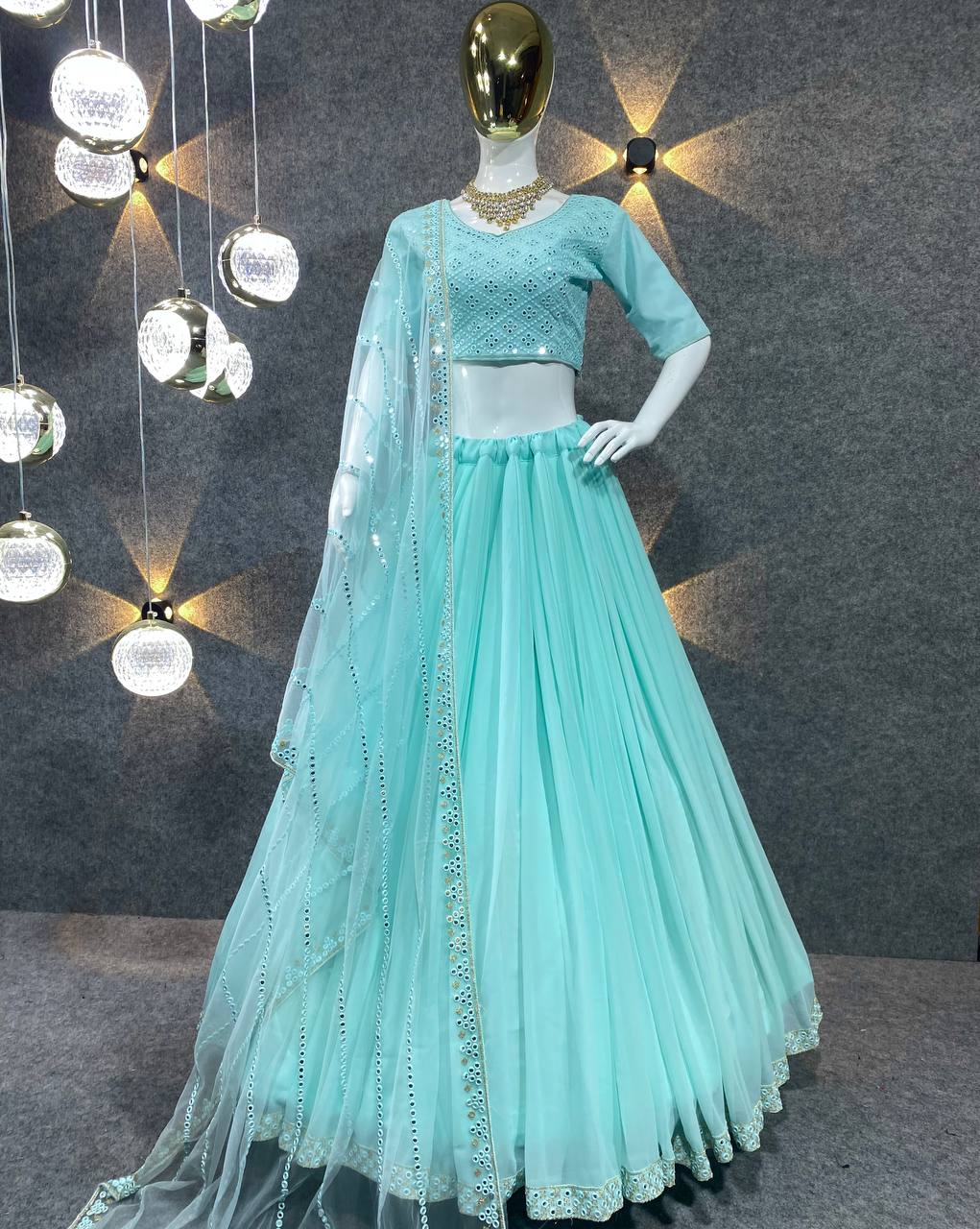 Sky Blue Lehenga Choli In Georgette Silk With 9 MM Sequence Work