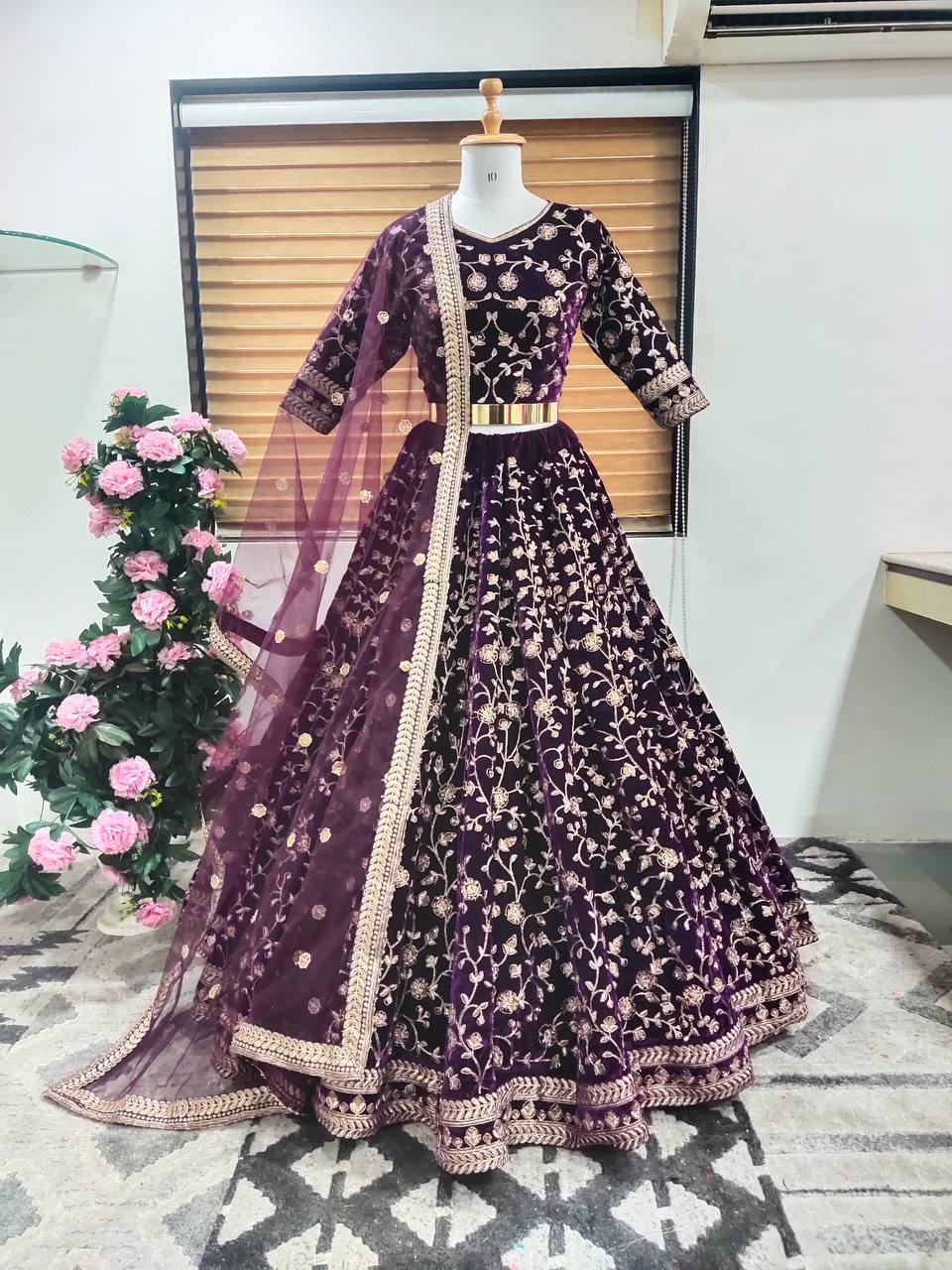 Wine Lehenga Choli In Viscose Velvet With 3 MM Sequence Work