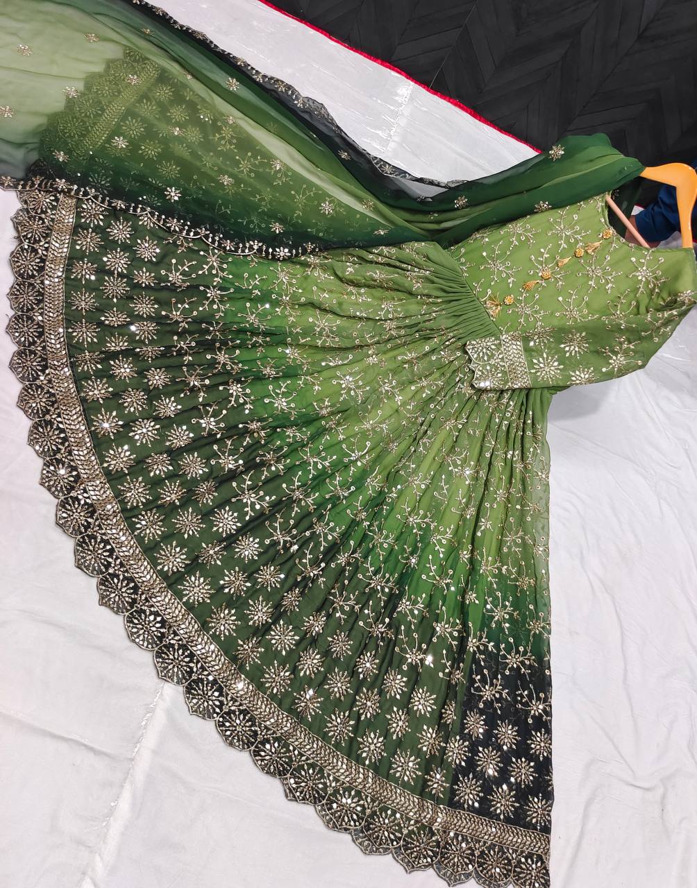 Green Anarkali Suit In Two Tone Georgette With 5 MM Sequence Work