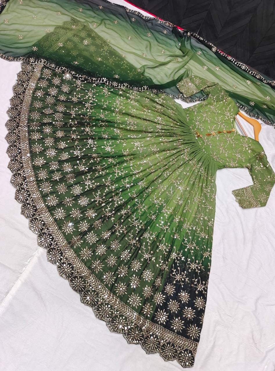 Green Anarkali Suit In Two Tone Georgette With 5 MM Sequence Work