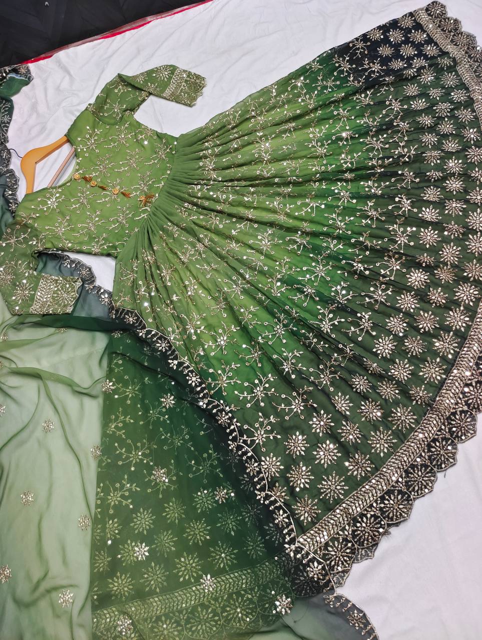 Green Anarkali Suit In Two Tone Georgette With 5 MM Sequence Work