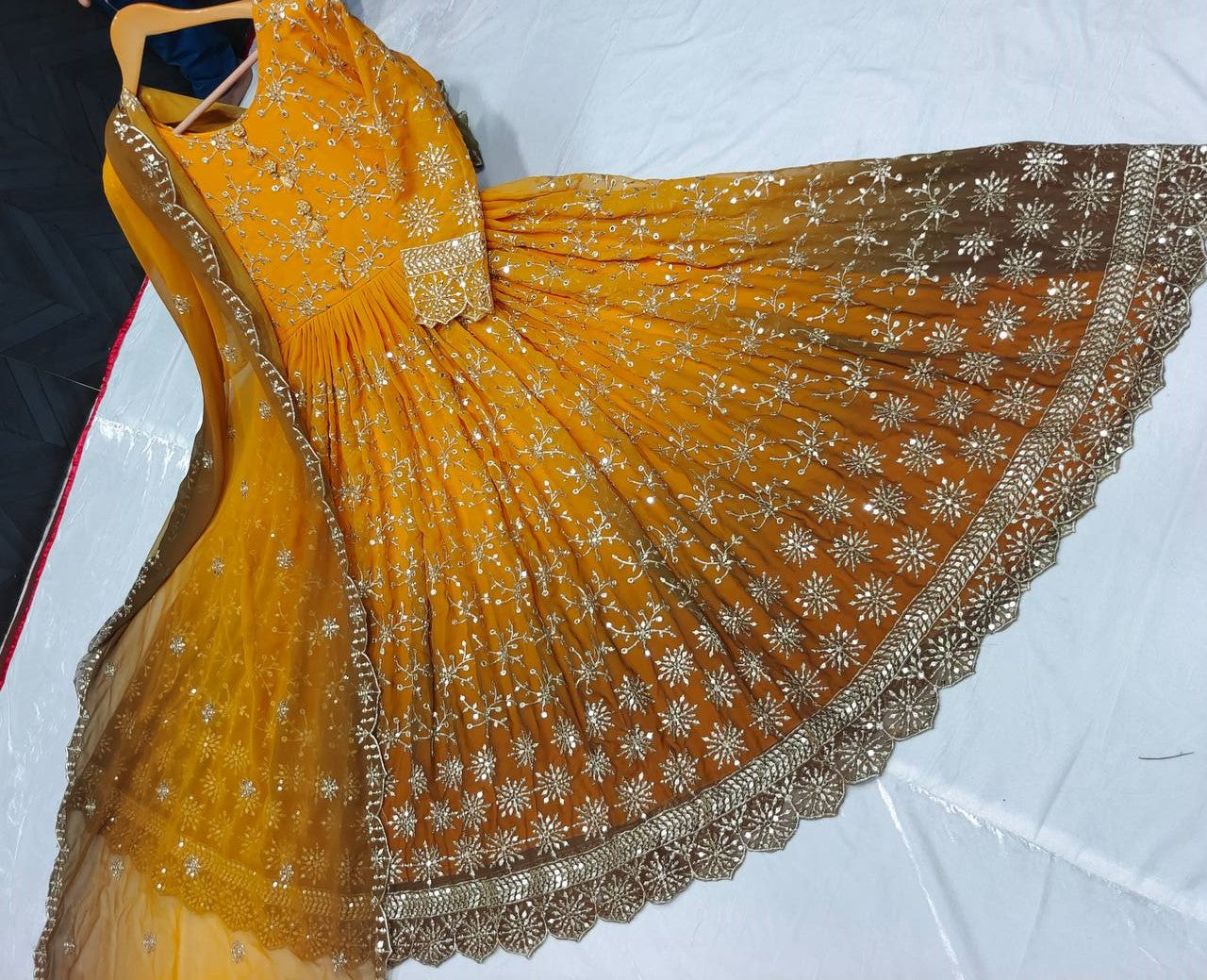 Mustard Yellow Anarkali Suit In Two Tone Georgette With 5 MM Sequence Work