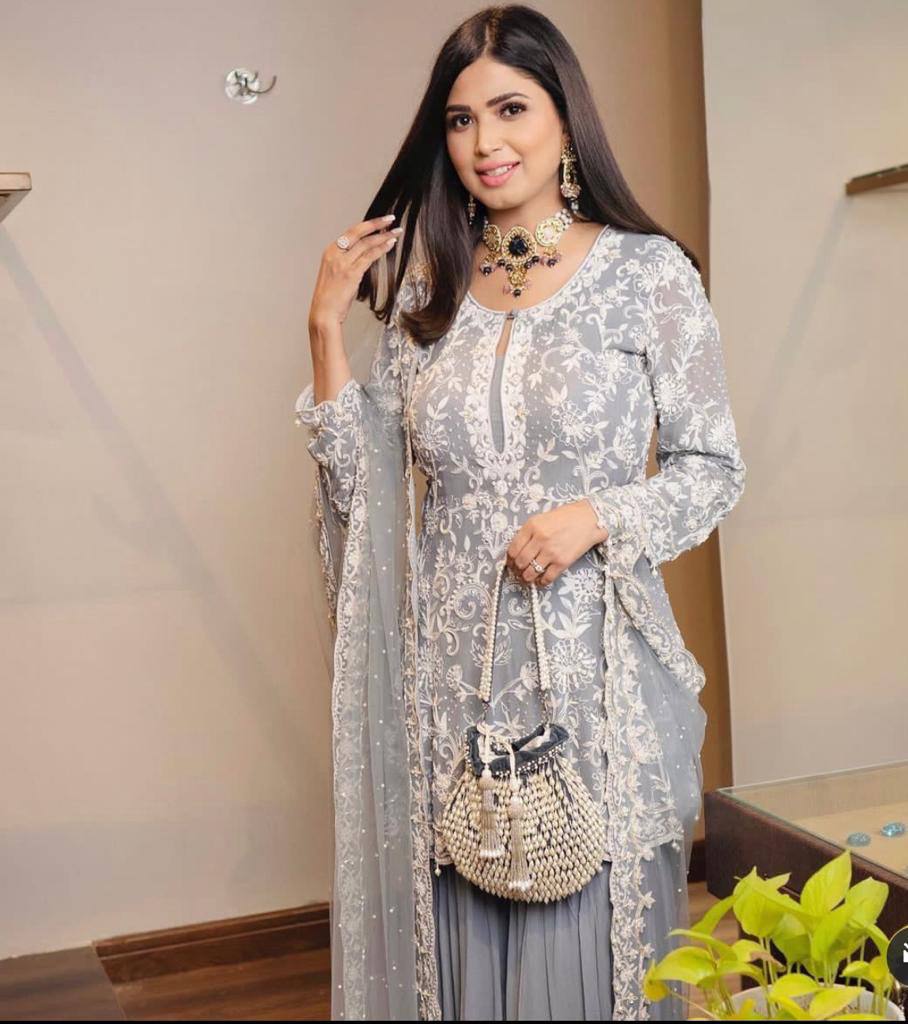 Gray Palazzo Suits In Fox Georgette With Embroidery Work