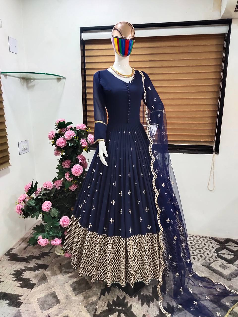 Navy Blue Anarkali Suit In Fox Georgette With Embroidery Work