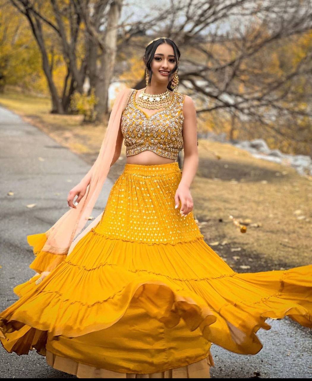 Mustard Yellow Lehenga Choli In Fox Georgette With Ruffles