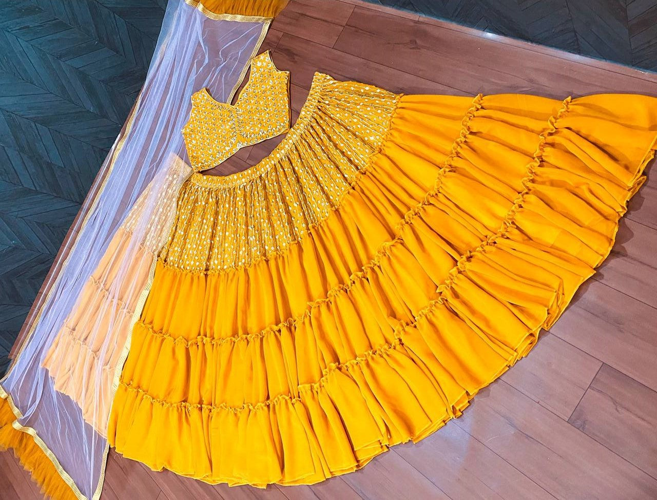 Mustard Yellow Lehenga Choli In Fox Georgette With Ruffles