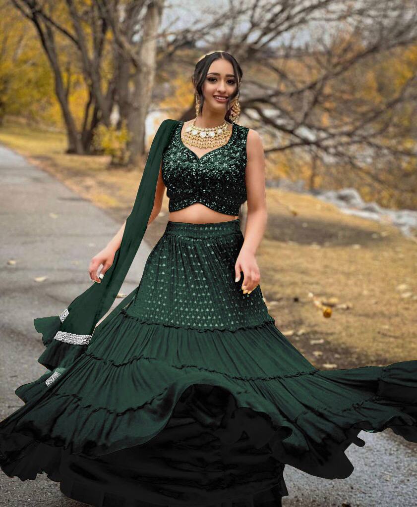 Bottle Green Lehenga Choli In Fox Georgette With Ruffles