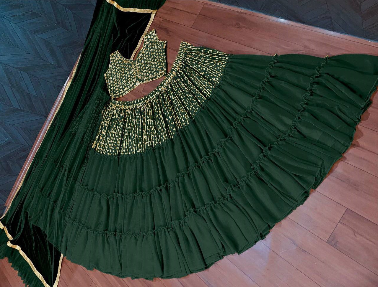 Bottle Green Lehenga Choli In Fox Georgette With Ruffles