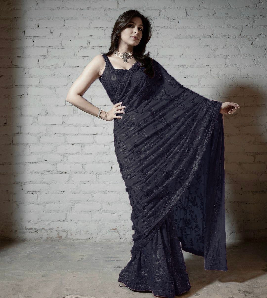 Black Saree In Georgette Silk With Sequence Work