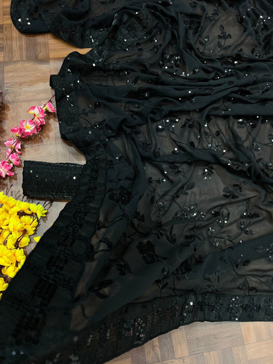 Black Saree In Georgette Silk With Sequence Work