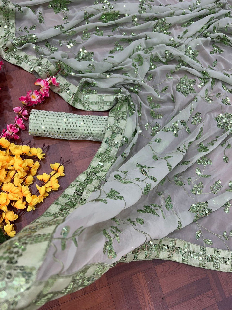 Pista Saree In Georgette Silk With Sequence Work