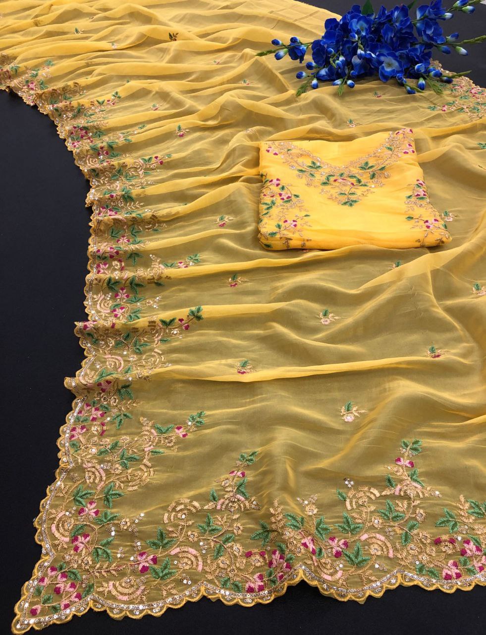 Yellow Saree In Organza Silk With Sequence Work,