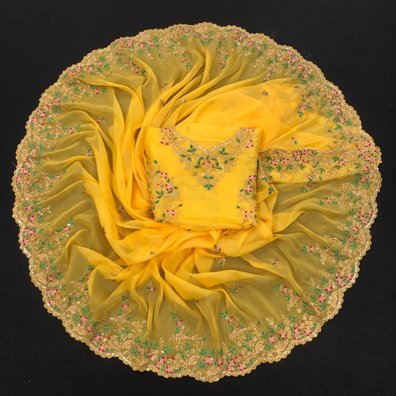 Yellow Saree In Organza Silk With Sequence Work,