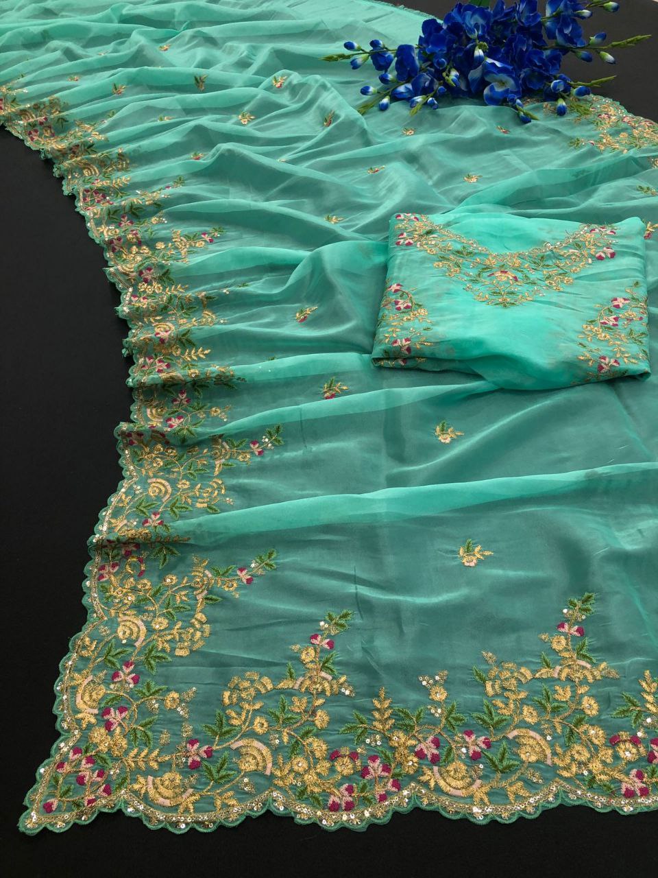 Aqua Saree In Organza Silk With Sequence Work