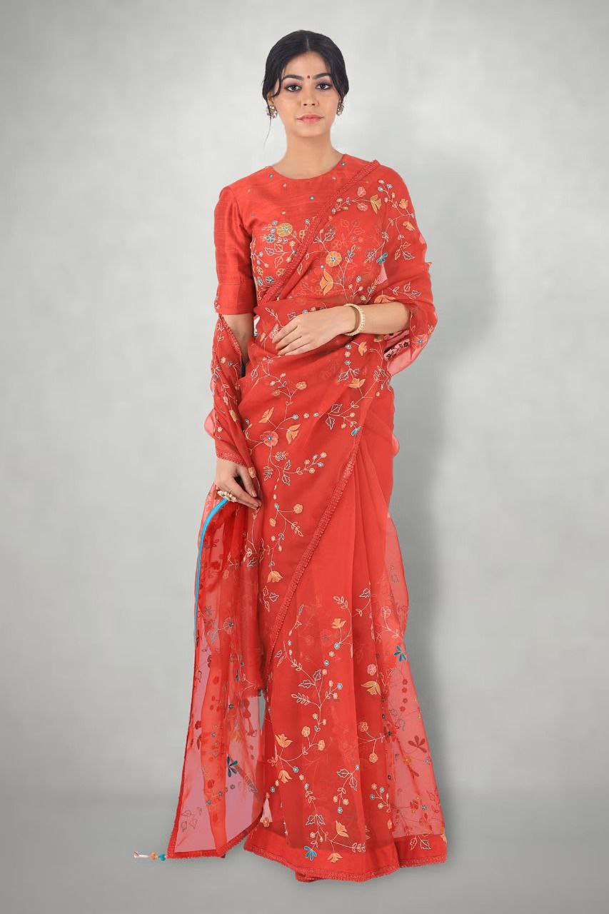 Red Saree In Georgette Silk With Multi Thread Work