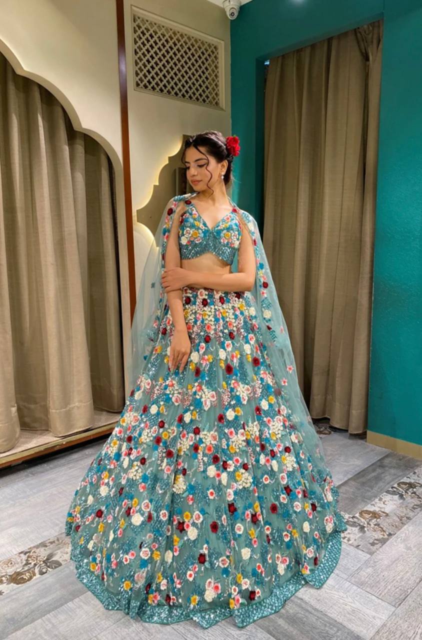 Sky Blue LehengaCholi In Nylon Mono Net With Sequence Work