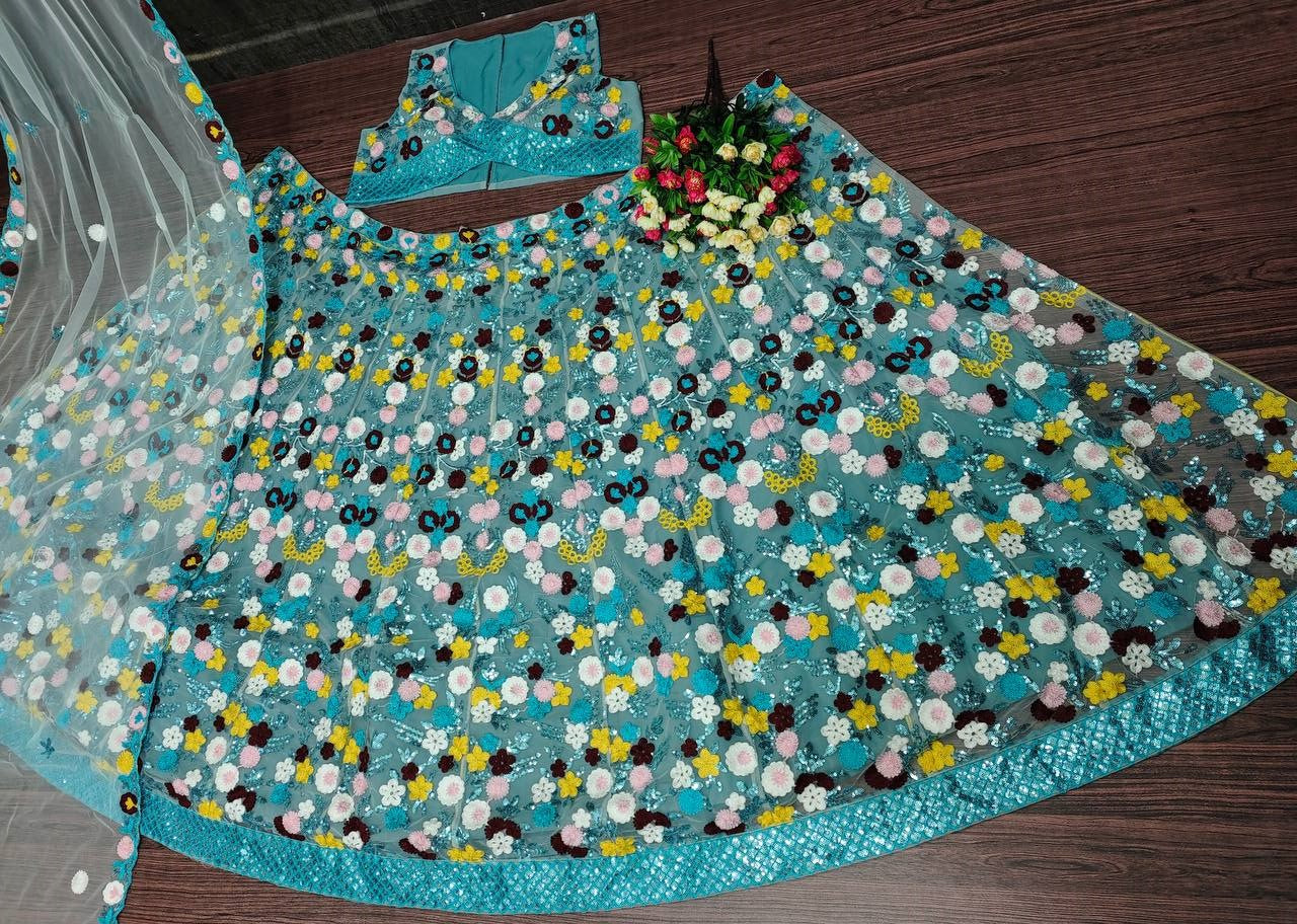 Sky Blue LehengaCholi In Nylon Mono Net With Sequence Work