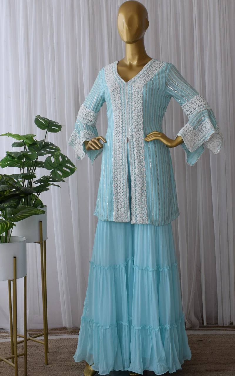 Sky Blue Sharara Suit In Fox Georgette With Sharara Suits