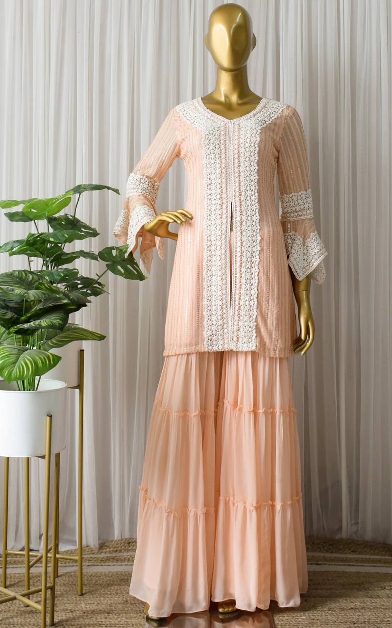 Peach Sharara Suit In Fox Georgette With Sharara Suits